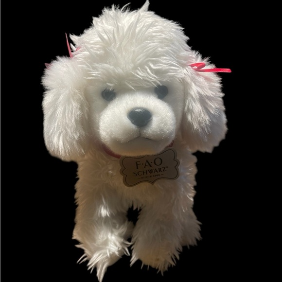 FAO Schwarz White Plush Poodle Dog Stuffed Animal with Red Bows – 10” Toy - Picture 1 of 8